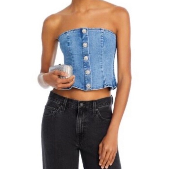 GANNI Rhinestone-Embellished Denim Bustier Corset Top Sz 40 / US 8 $350 Retail - Picture 2 of 13